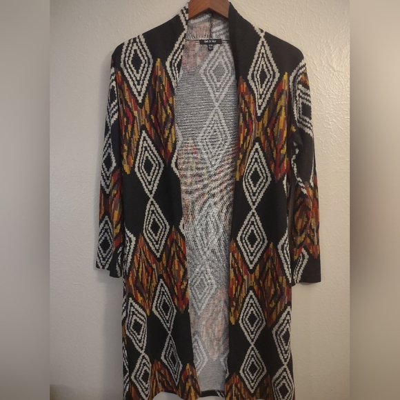 Yak & Yeti Open Cardigan Sweater Black Geometric Diamond S/M Nepal - Picture 2 of 11